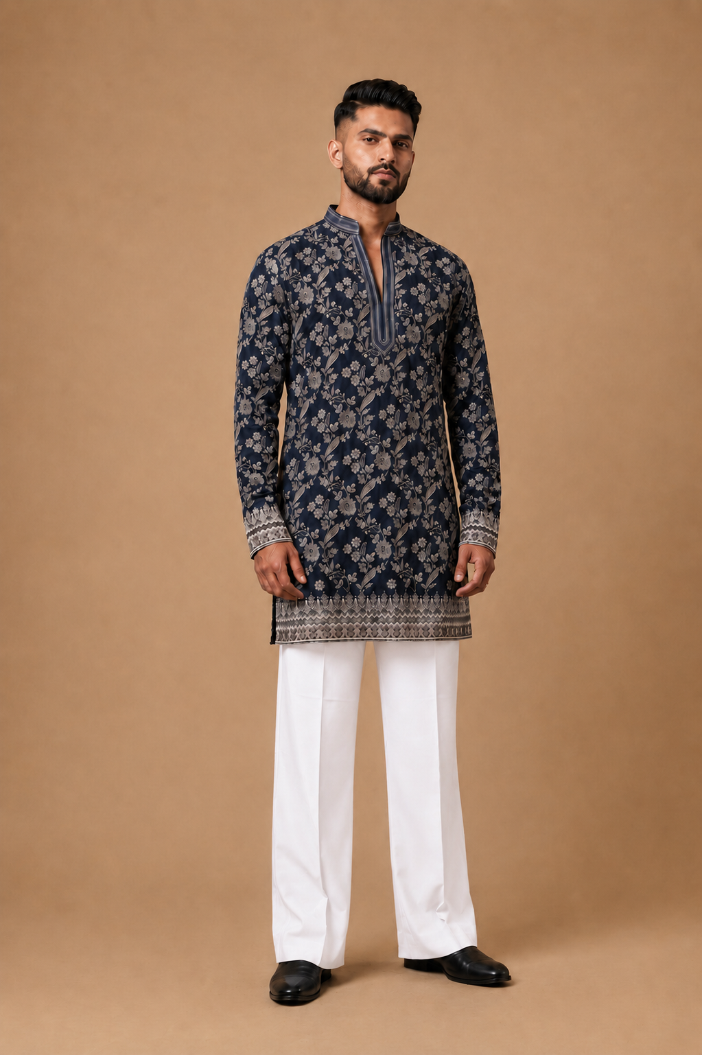 Midnight Blue Floral Embroidered Kurta Set with Relaxed Straight Pants — Kurta Sets | Lehar Clothing UAE