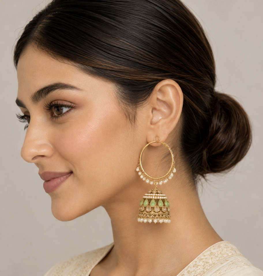 Imitation Gold-Tone Hoop Jhumka Earrings with Green Stones & Pearl Drops — Jewellery — view 2 | Lehar Clothing UAE