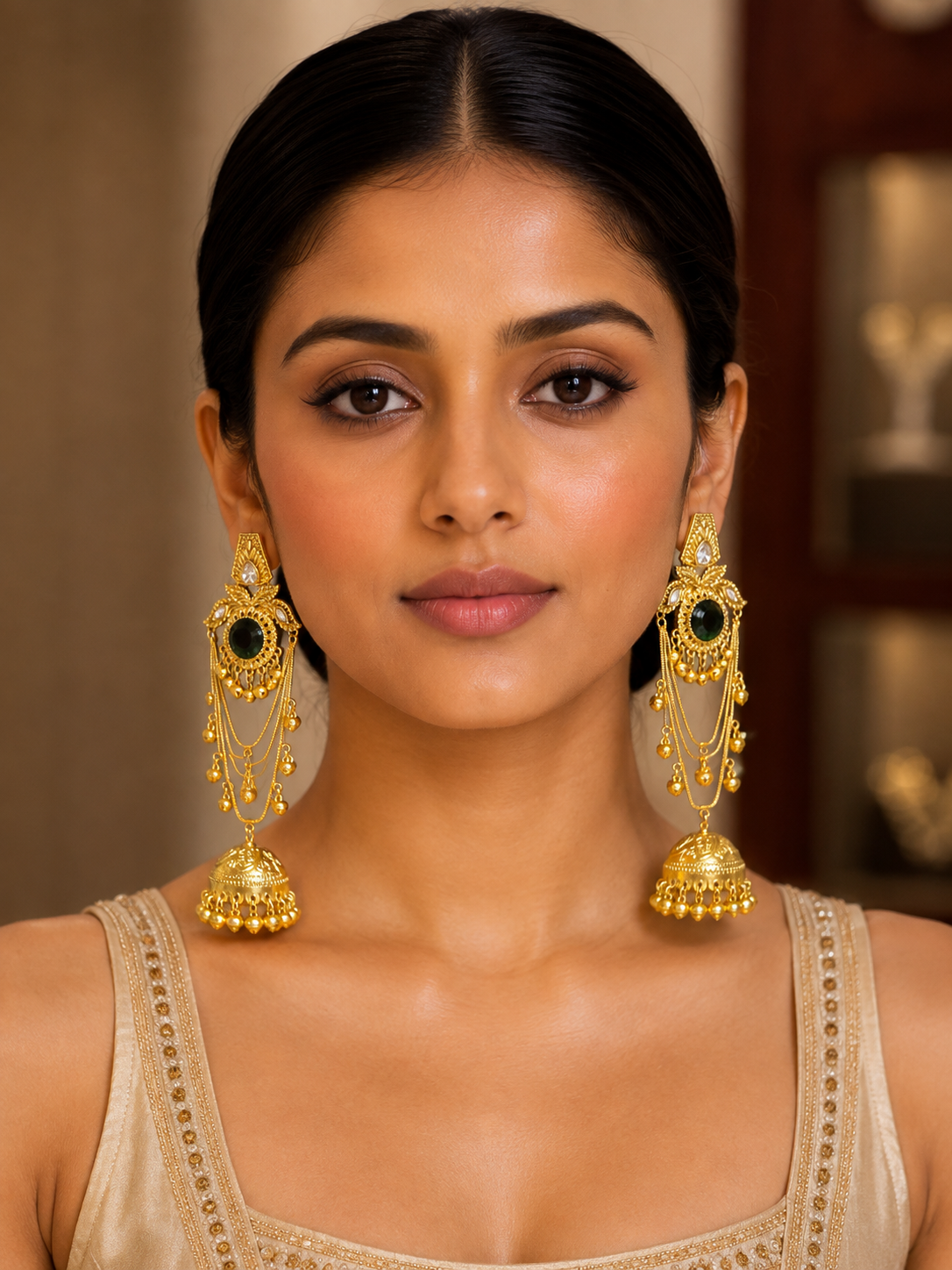 Imitation Gold-Tone Emerald Green Stone Statement Kashir Jhumka Earrings — Jewellery | Lehar Clothing UAE