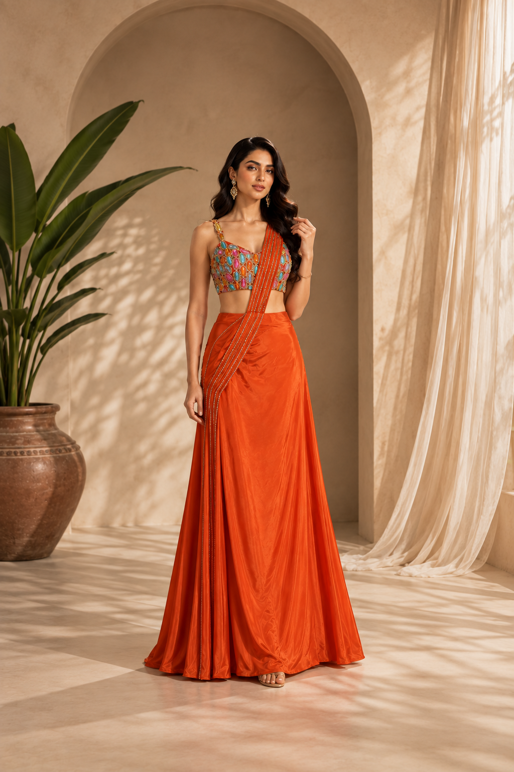 Women’s Orange Draped Skirt Set with Multicolor Embellished Blouse — Sarees | Lehar Clothing UAE