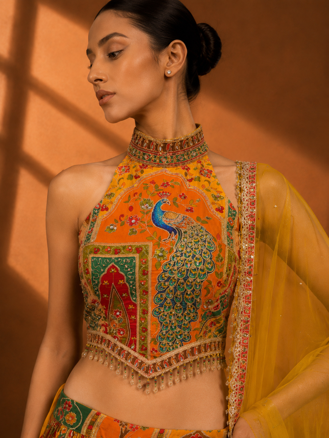 Women's Mustard Peacock Print Lehenga Set with Embroidered Halter Blouse & Dupatta — Lehenga — view 2 | Lehar Clothing UAE