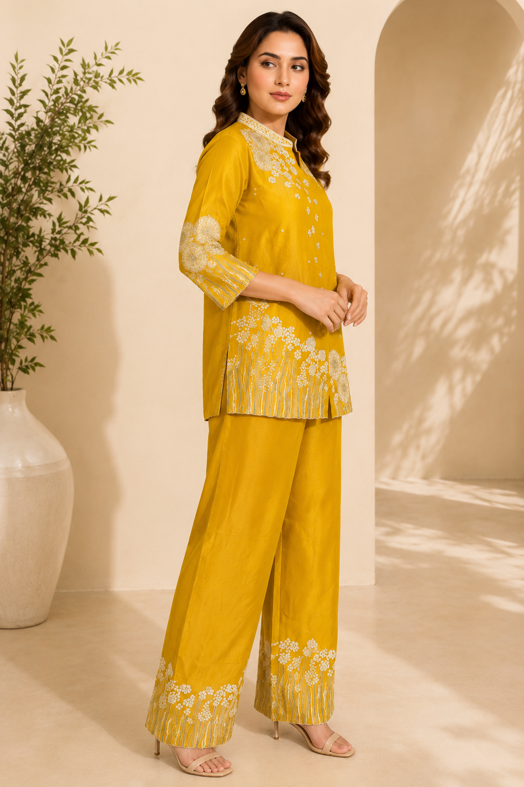 Women's Yellow Floral Embroidered Kurta & Palazzo Co-Ord Set — Co-ord Set | Lehar Clothing UAE