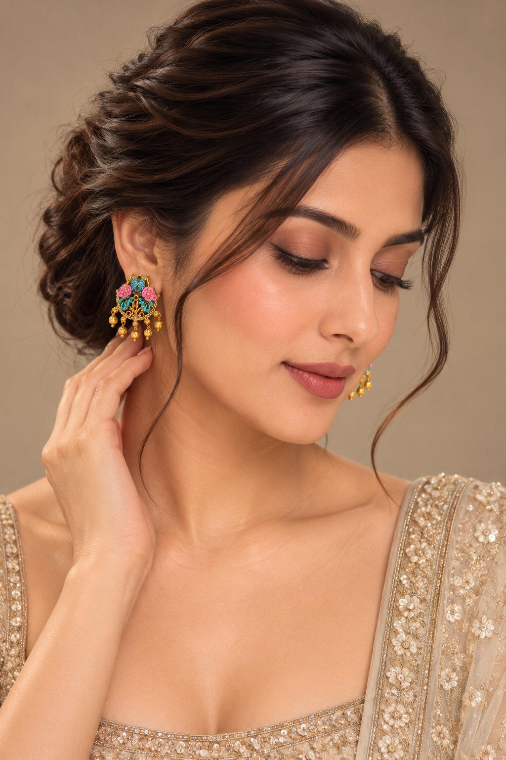 Indian Gold-Plated Meenakari Stud Earrings – Pink & Teal Enamel Floral Parrot Design with Ghungroo Bead Drops, Ethnic Jewelry for Women — Jewellery | Lehar Clothing UAE