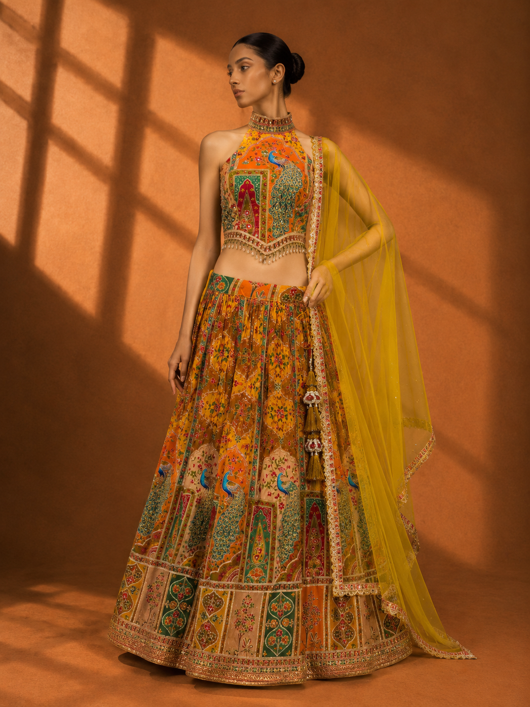 Women's Mustard Peacock Print Lehenga Set with Embroidered Halter Blouse & Dupatta — Lehenga | Lehar Clothing UAE