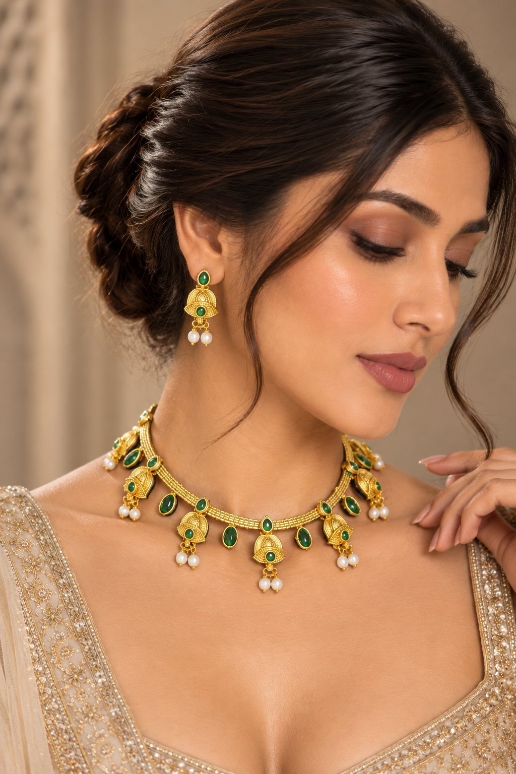 Green Stone Temple Choker Set with Jhumkas - Gold Tone Indian Jewelry — Jewellery — view 2 | Lehar Clothing UAE