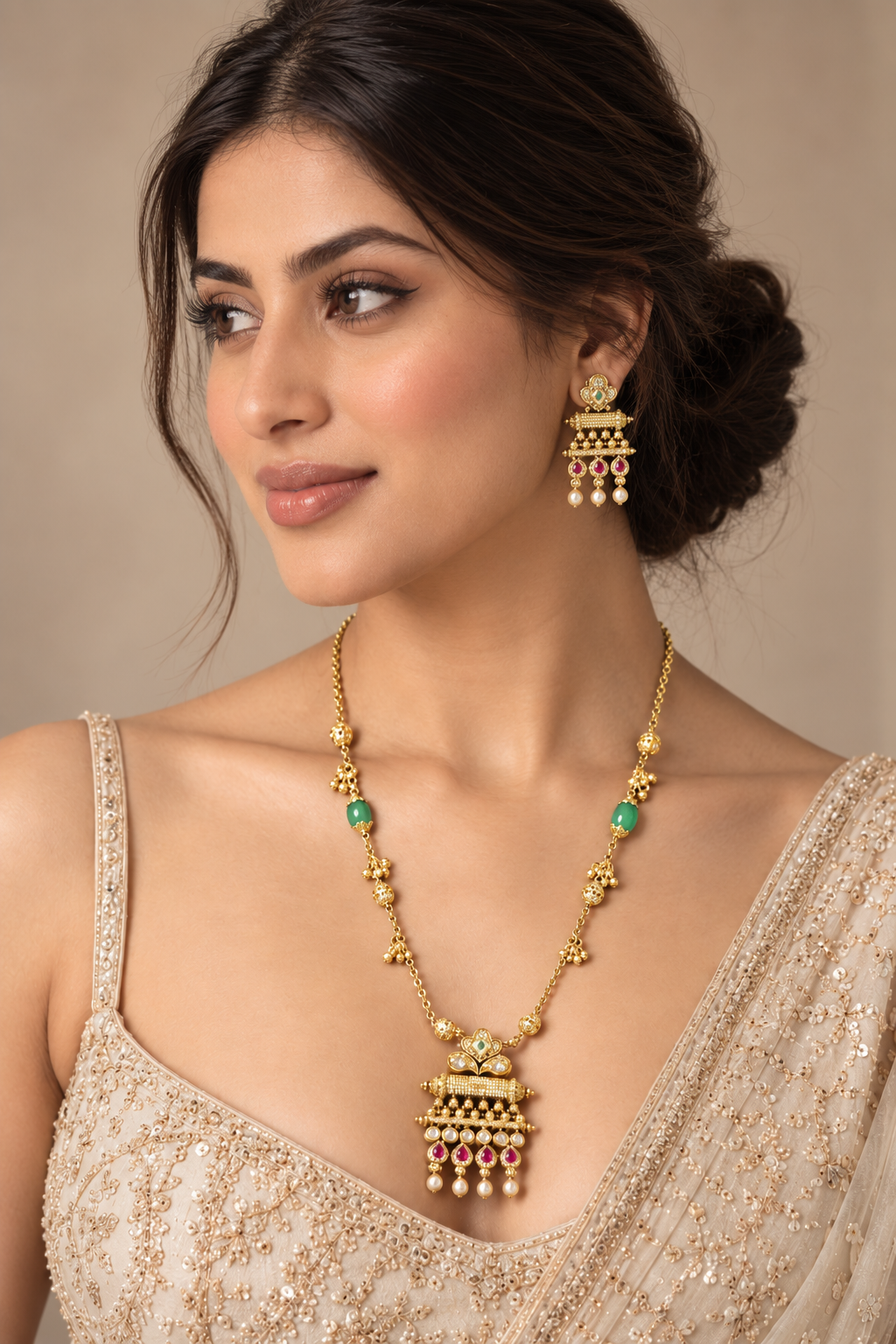 Long Temple Pendant Necklace Set with Earrings - Gold Tone Indian Jewelry — Jewellery — view 2 | Lehar Clothing UAE