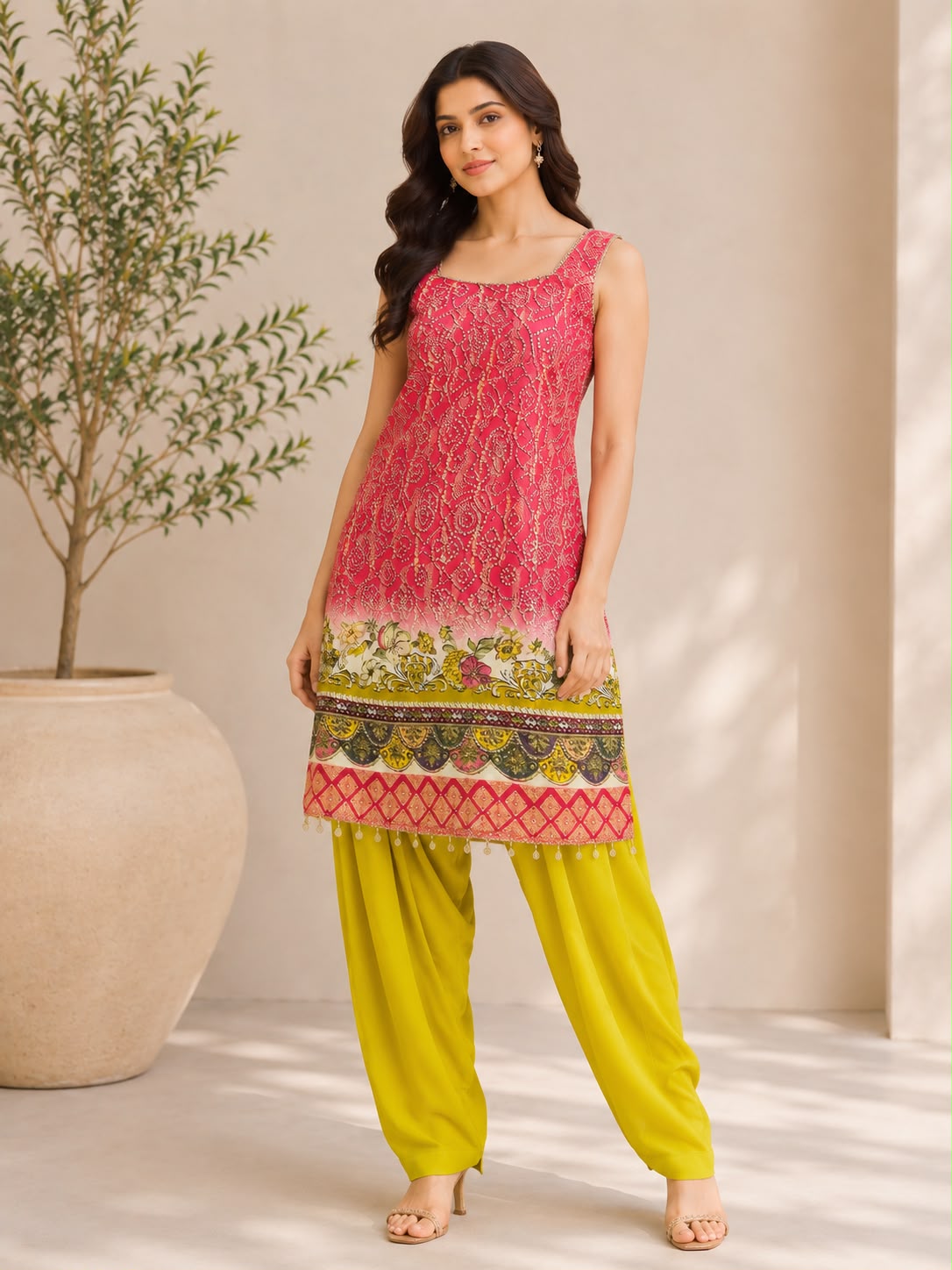 Pink Embroidered Cotton Blend Kurta Set with Yellow Salwar — Kurta Sets | Lehar Clothing UAE