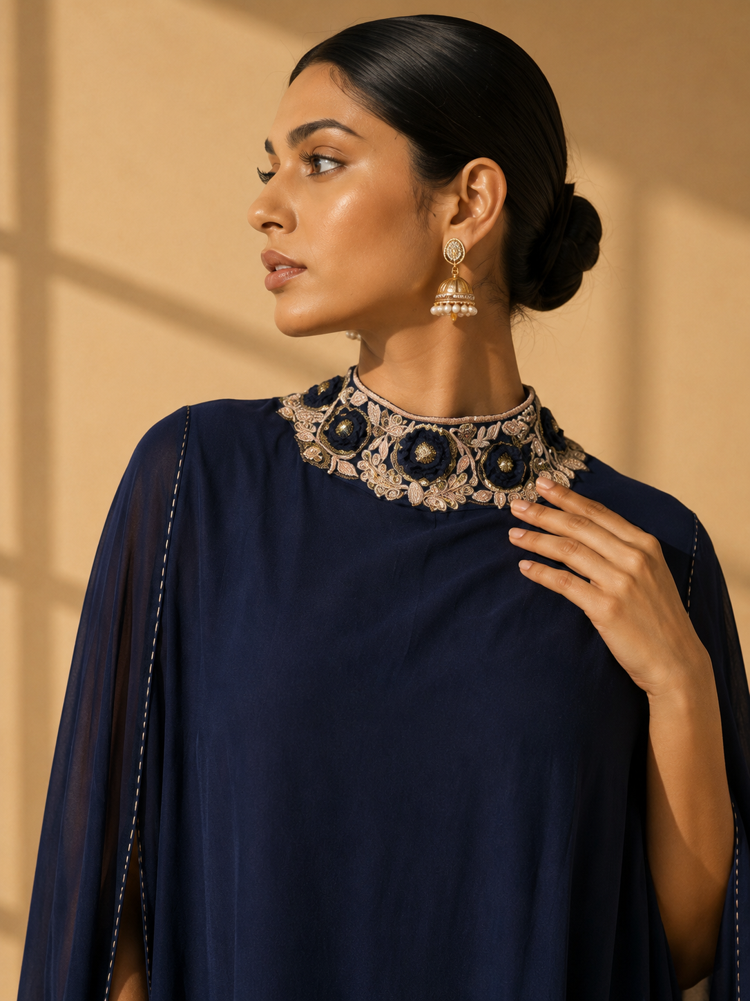 Navy Blue Embroidered Kaftan Cape Kurta Set — Kurta Sets - Plus Size — view 2 | Lehar Clothing UAE