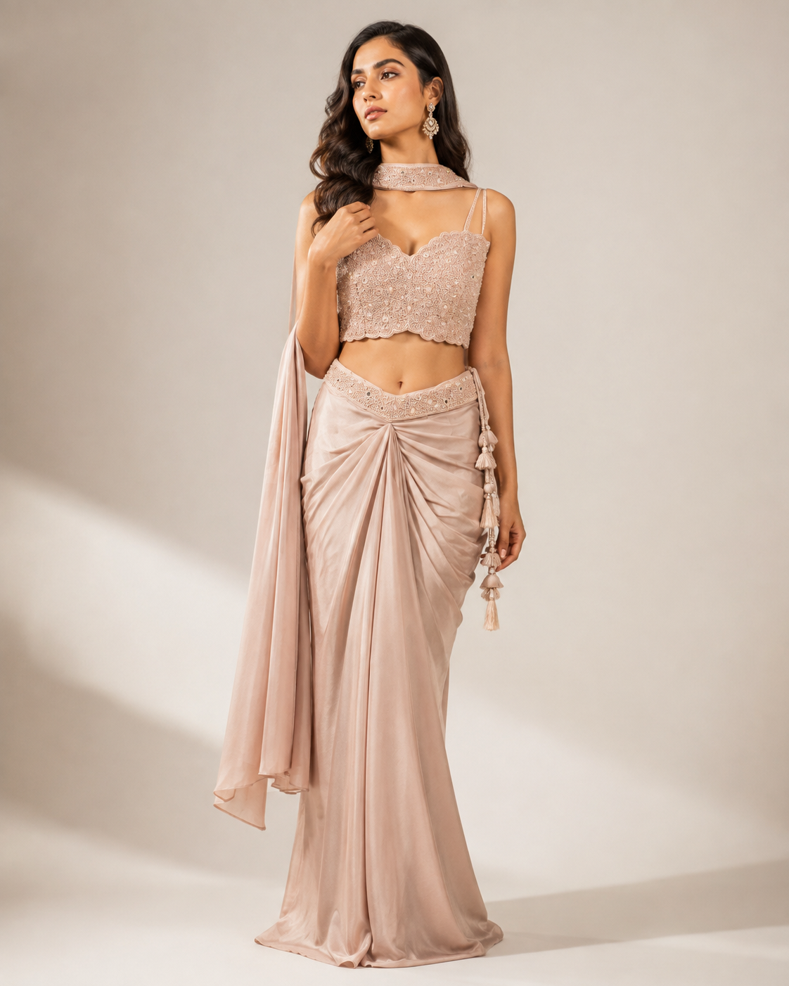 Women’s Blush Beige Draped Skirt Set with Embellished Crop Top & Dupatta — Fusion wear | Lehar Clothing UAE