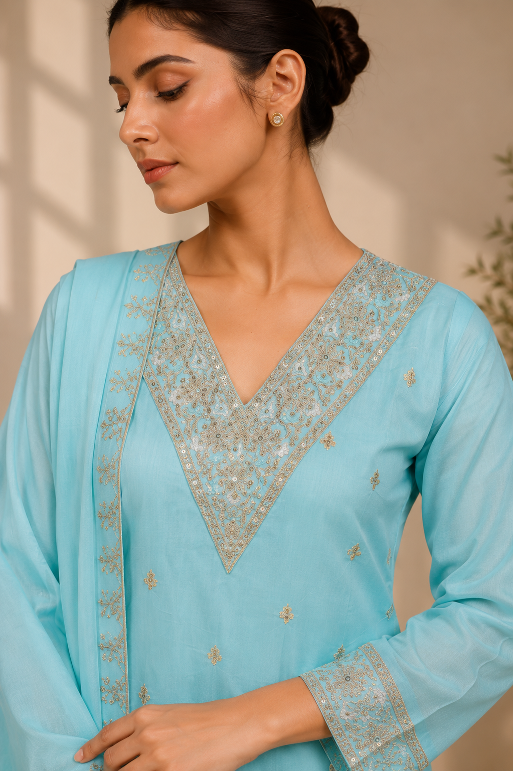 Sky Blue Embroidered Kurta Set with Dupatta — Kurta Sets — view 3 | Lehar Clothing UAE
