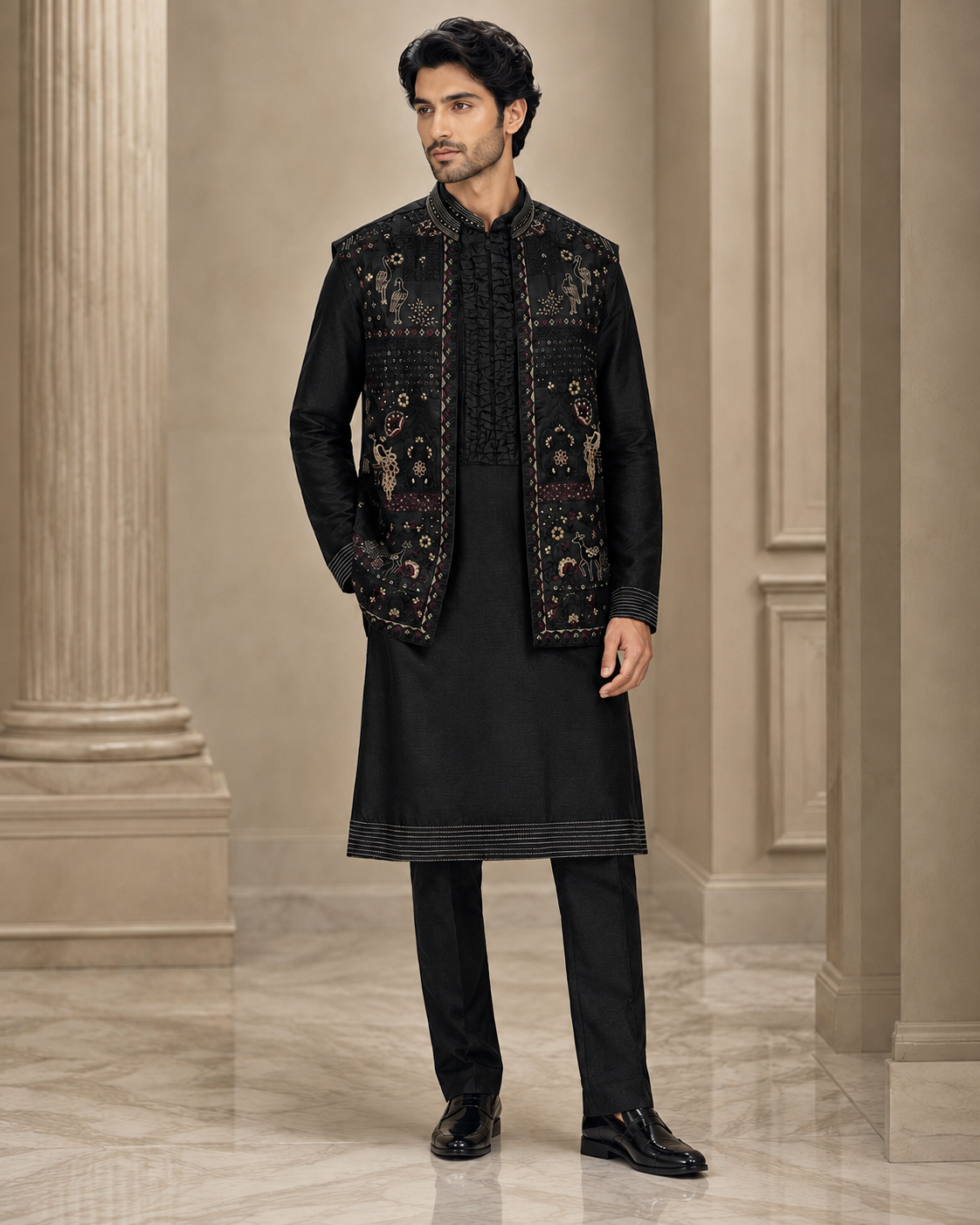 Men’s Black Embroidered Indo-Western Kurta Pajama with Jacket – 3 Piece Ethnic Wear Set — Kurta Sets | Lehar Clothing UAE
