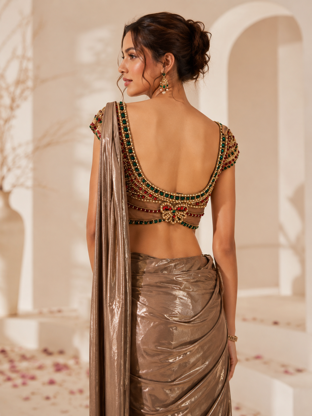 Women’s Metallic Bronze Draped Skirt Set with Multicolor Embellished Crop Top — Kurta Sets — view 2 | Lehar Clothing UAE