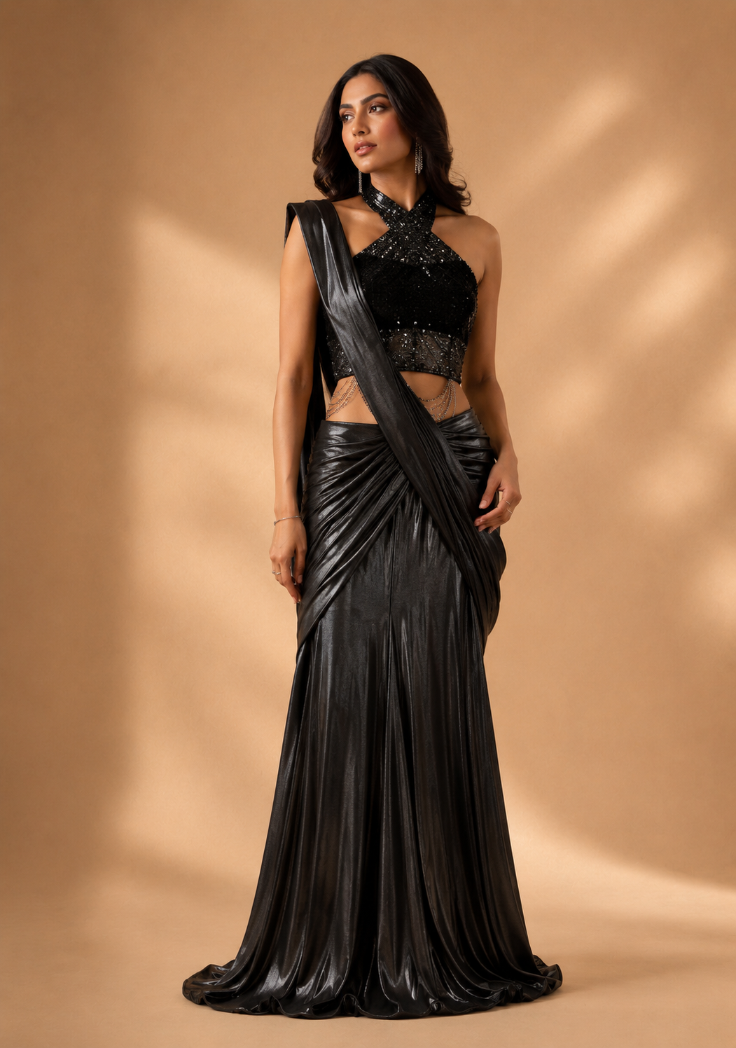 Midnight Black Sequin Halter Blouse with Pre-Draped Shimmer Saree Set — Sarees | Lehar Clothing UAE