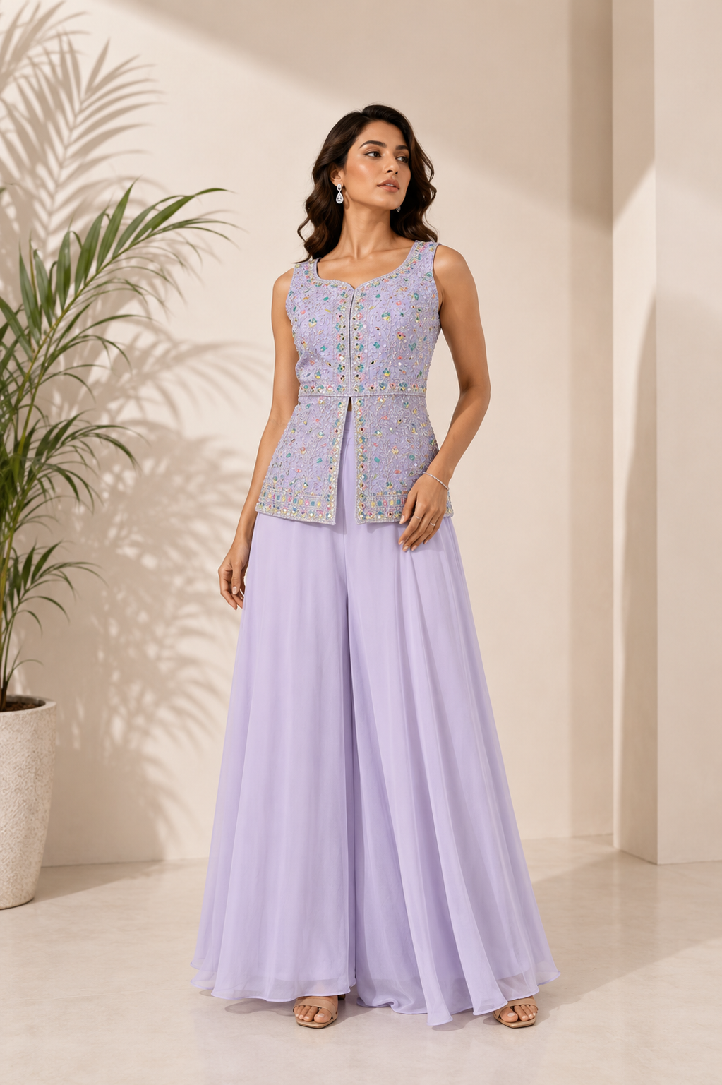 3-Piece Purple Floral Embellished Sleeveless Sharara Set — Sharara Set — view 2 | Lehar Clothing UAE