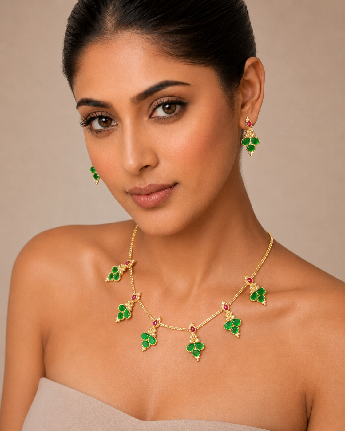 Green Stone Necklace & Earring Set – Gold-Tone Indian Traditional Jewelry — Jewellery — view 5 | Lehar Clothing UAE