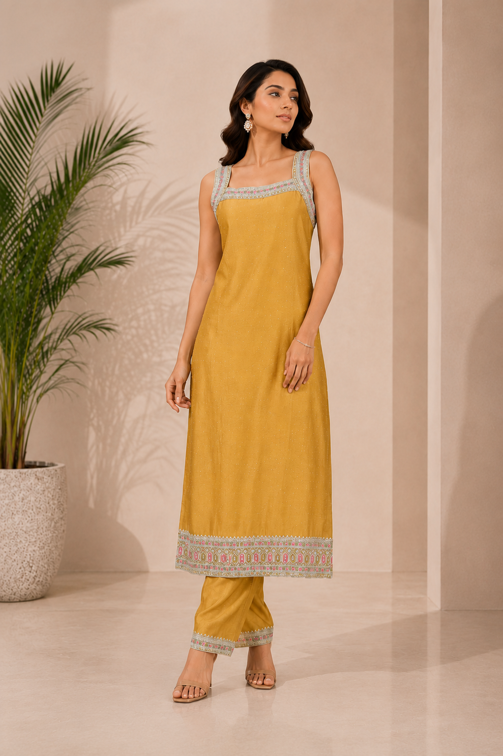 Yellow Square-Neck Embellished Straight Kurti with Matching Trousers and Bordered Dupatta — Kurta Sets — view 2 | Lehar Clothing UAE