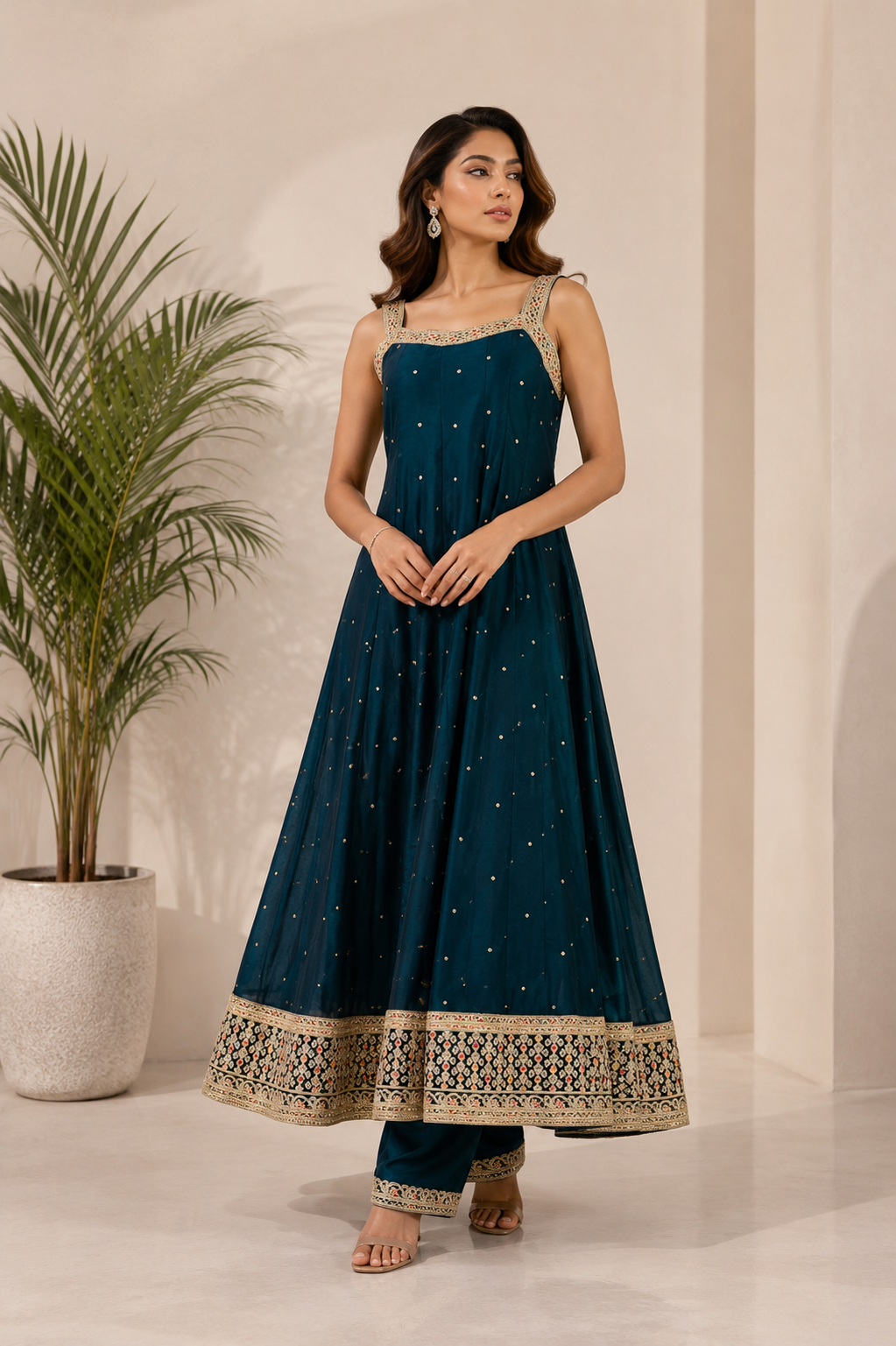 3-Piece Dark Emerald Sleeveless Anarkali Kurta and Pant Set with Cream Dupatta — Sharara Set — view 2 | Lehar Clothing UAE