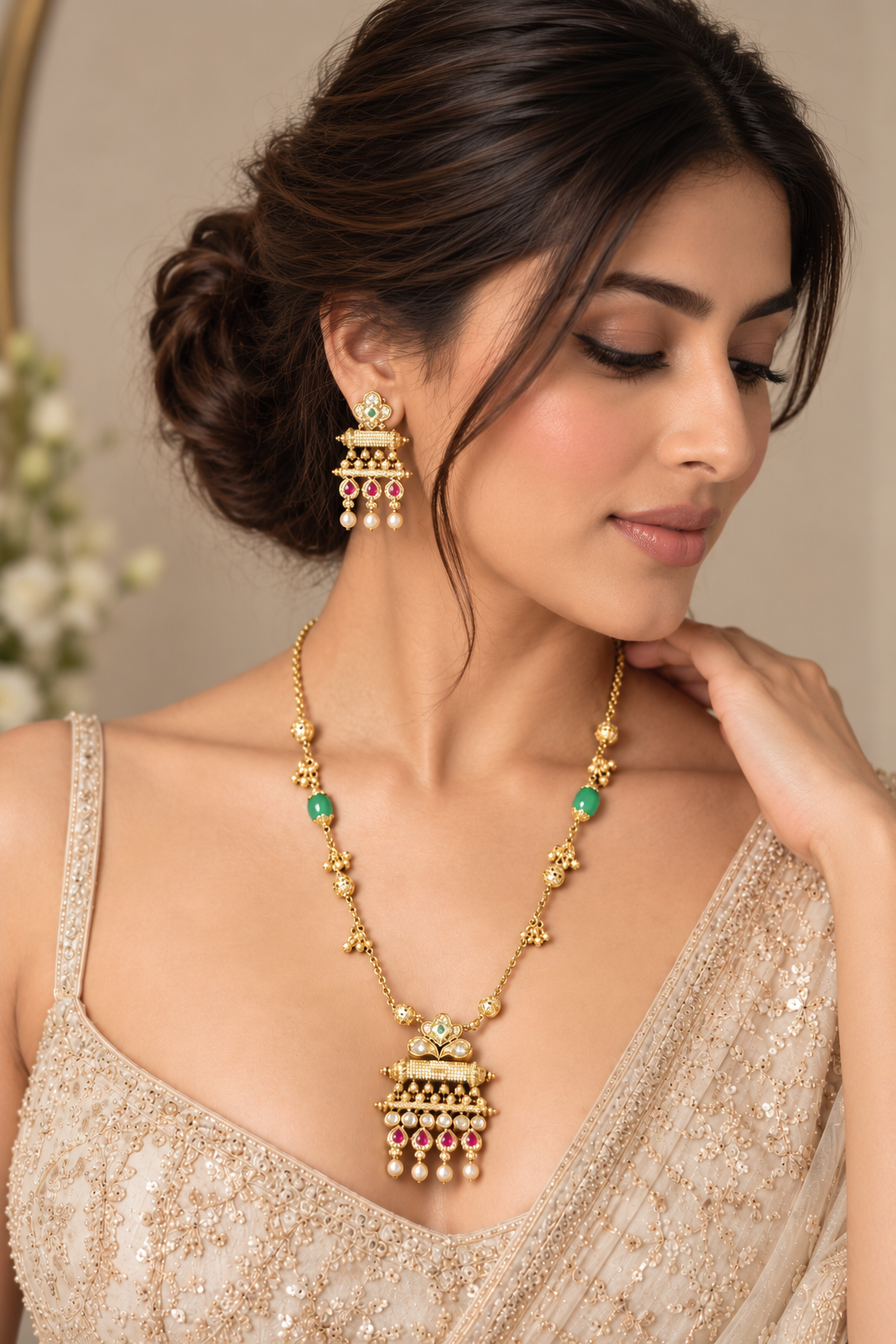 Long Temple Pendant Necklace Set with Earrings - Gold Tone Indian Jewelry — Jewellery | Lehar Clothing UAE