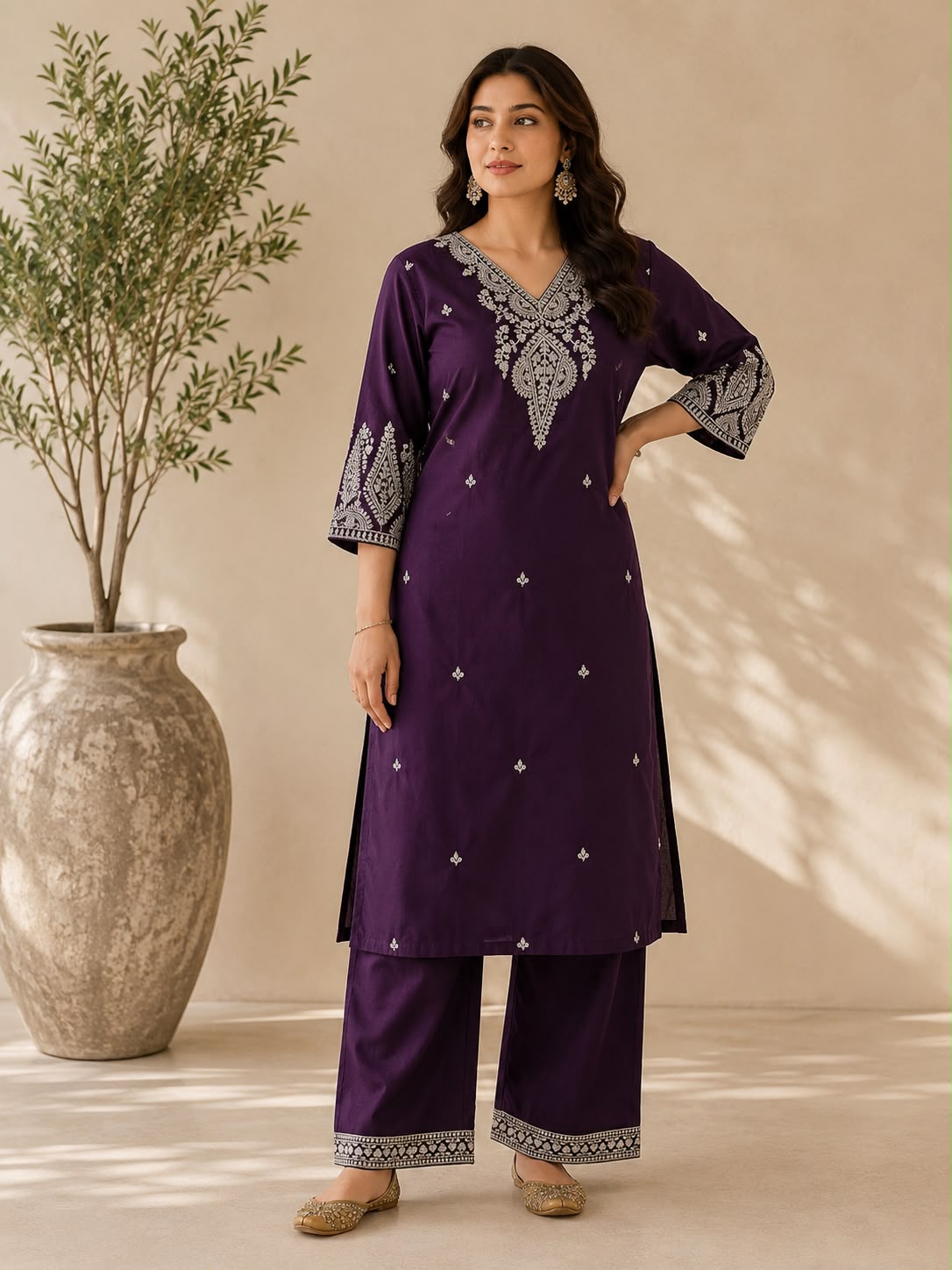 Purple Muslin Cotton Embroidered Kurta Set with Organza Dupatta — Kurta Sets — view 4 | Lehar Clothing UAE