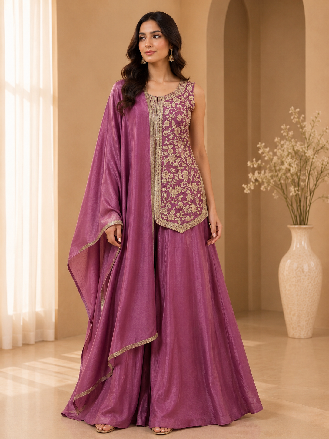 Women's Pink 3-Piece Embroidered Sharara Suit with Dupatta — Sharara Set | Lehar Clothing UAE