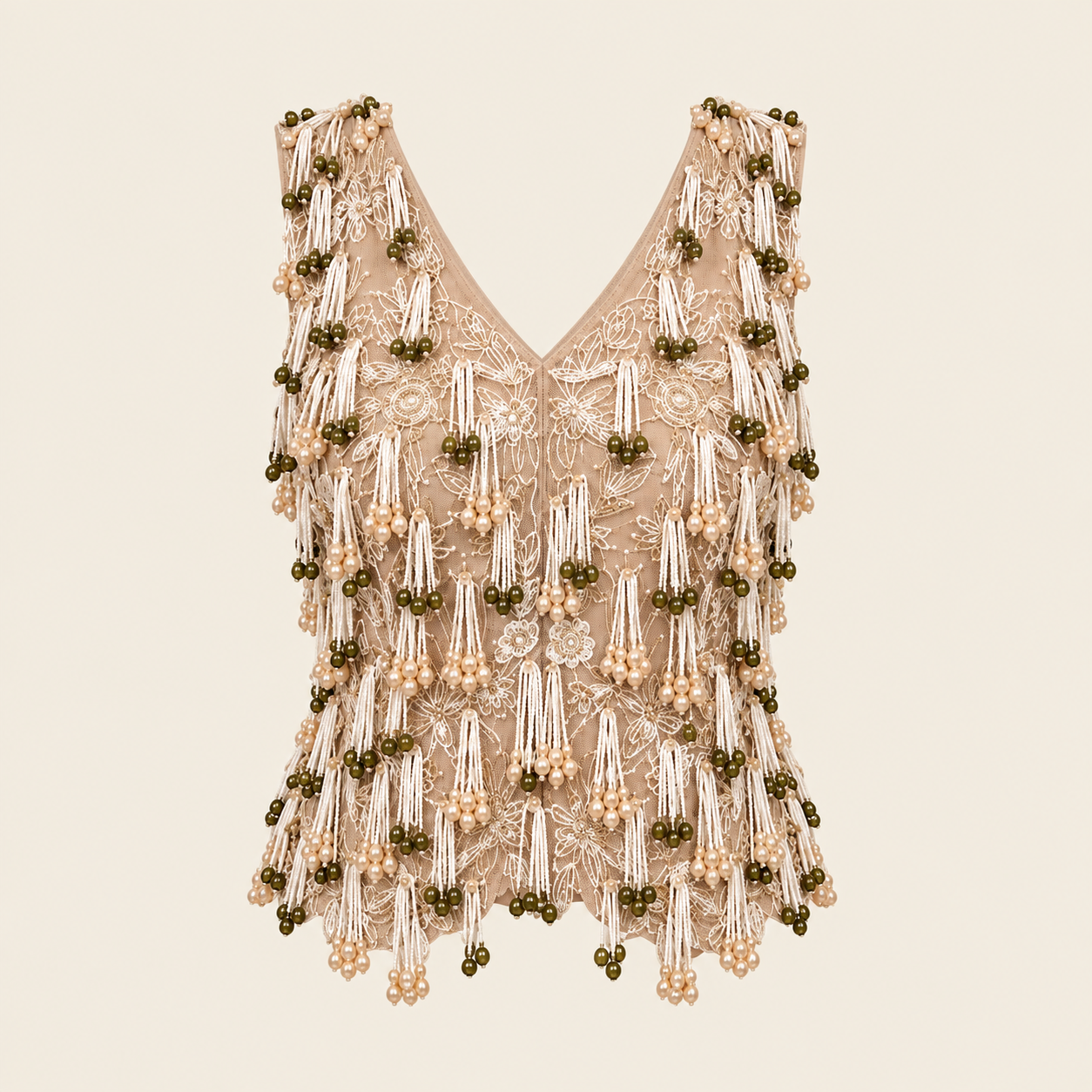 Light Beige Embellished Bustier with Fringe Overlay & Draped Satin Skirt Set — Fusion wear — view 4 | Lehar Clothing UAE