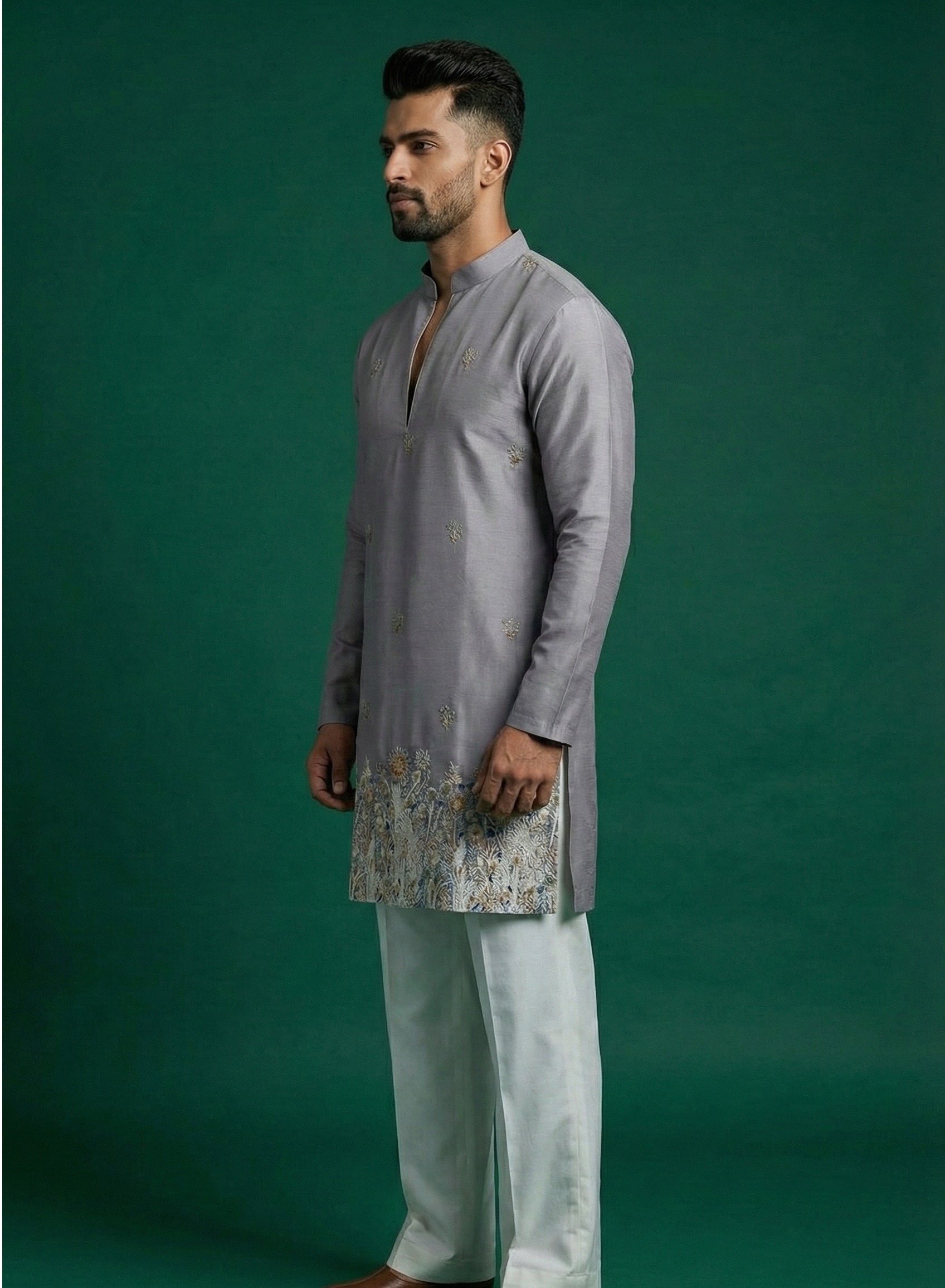Men’s Lavender-Grey Kurta with Intricate Floral Border & Ivory Trousers – 2 Piece Set — Kurta Sets — view 2 | Lehar Clothing UAE