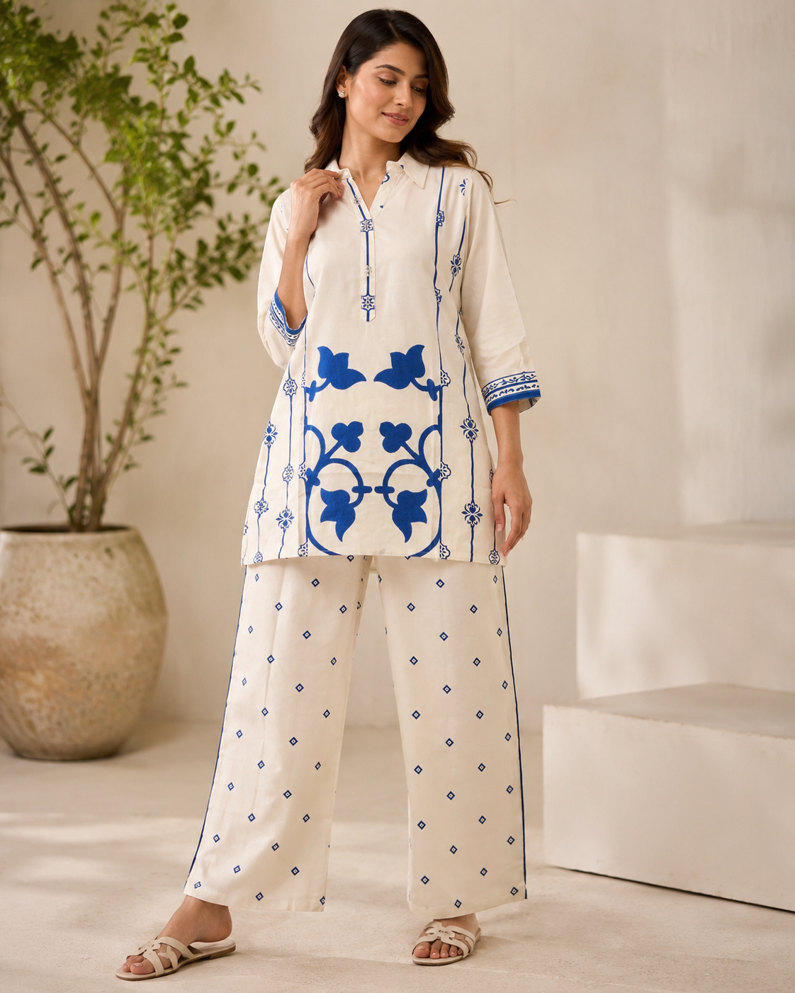 Women's Off-White & Royal Blue Printed Cotton Blend Co-Ord Set — Co-ord Set | Lehar Clothing UAE