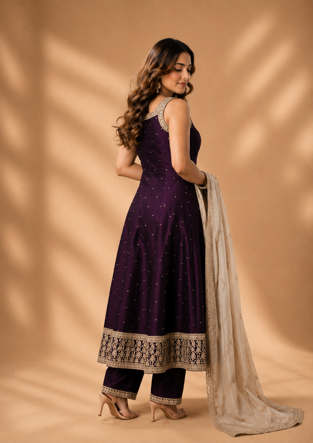 3-Piece Dark Purple Sleeveless Anarkali Kurta and Pant Set with Cream Dupatta — Sharara Set — view 2 | Lehar Clothing UAE