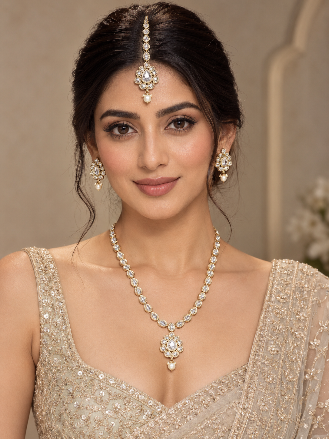 White Kundan Necklace Set with Earrings & Maang Tikka – Gold-Tone Indian Bridal Jewelry — Jewellery — view 2 | Lehar Clothing UAE