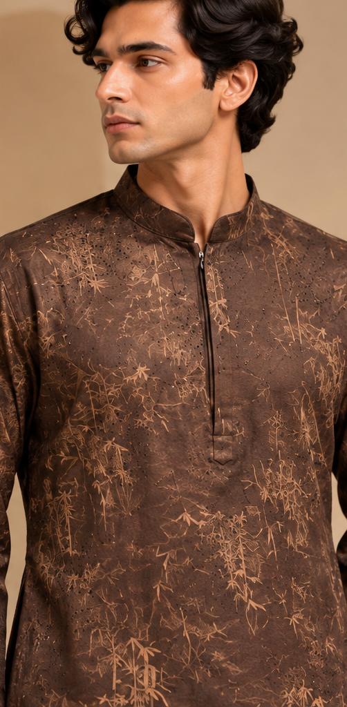 Men’s Chocolate Brown Bamboo Print Kurta Set with Subtle Embellishments and White Straight-Fit Pants — Kurta Sets — view 2 | Lehar Clothing UAE