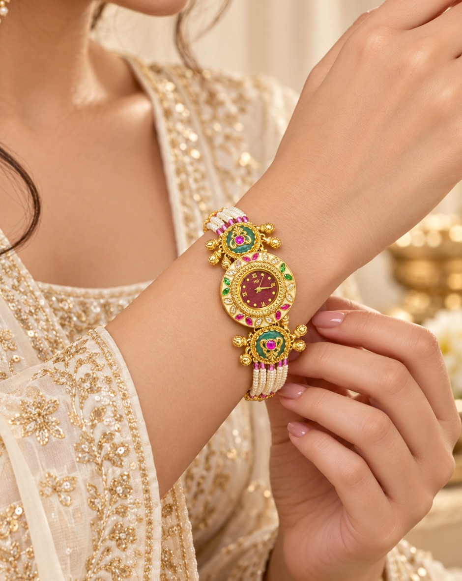 Pearl & Green Bead Bracelet Watch for Women - Gold Tone Indian Jewelry Watch — Jewellery | Lehar Clothing UAE