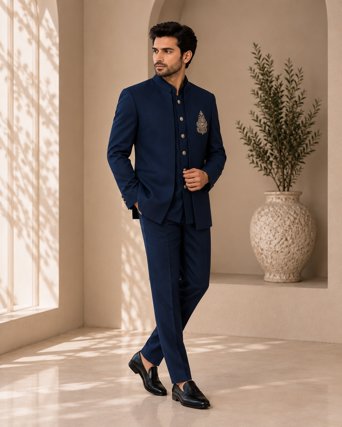 Navy Blue Embroidered Indo-Western Bandhgala Suit Set for Men — Fusion wear | Lehar Clothing UAE