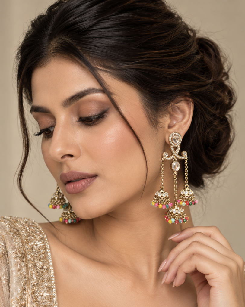 Women’s Multicolor Beaded Kundan Triple Jhumka Drop Earrings — Jewellery | Lehar Clothing UAE