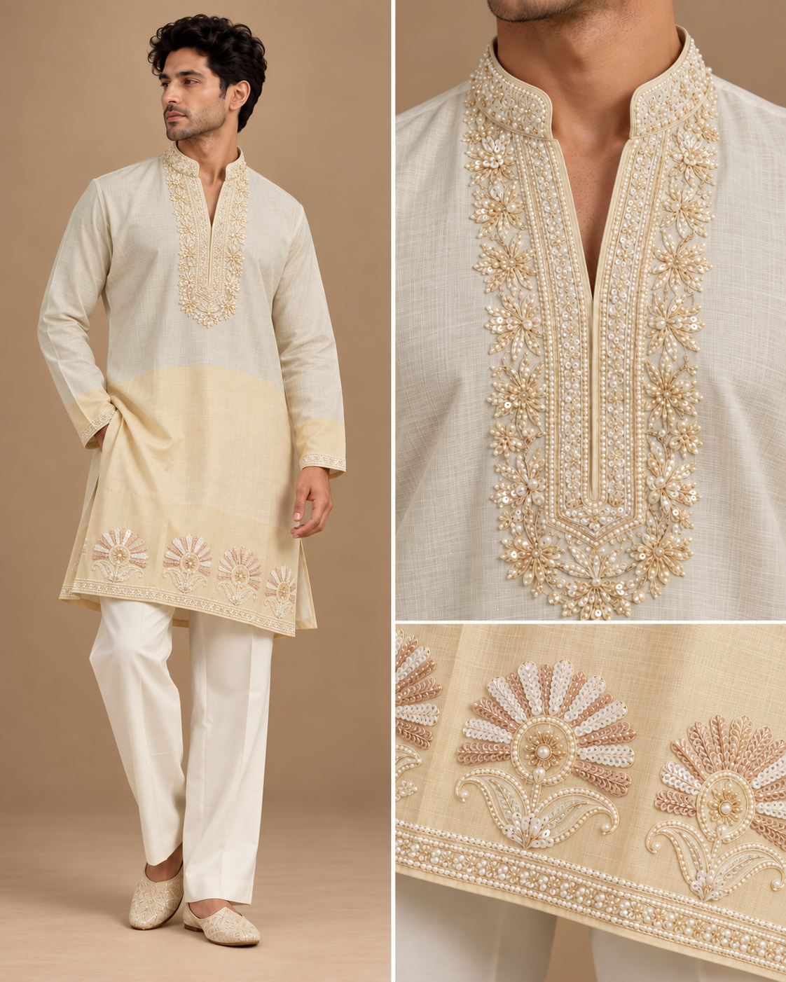 Men’s Ivory & Champagne Colorblock Embroidered Linen Kurta Set — Kurta Sets — view 2 | Lehar Clothing UAE