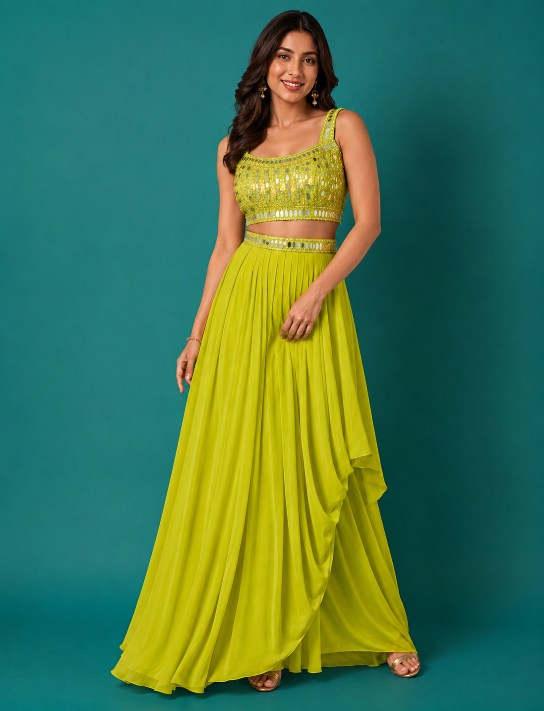 Lime Mirror Embellished Draped Skirt Co-Ord Set — Lehenga | Lehar Clothing UAE