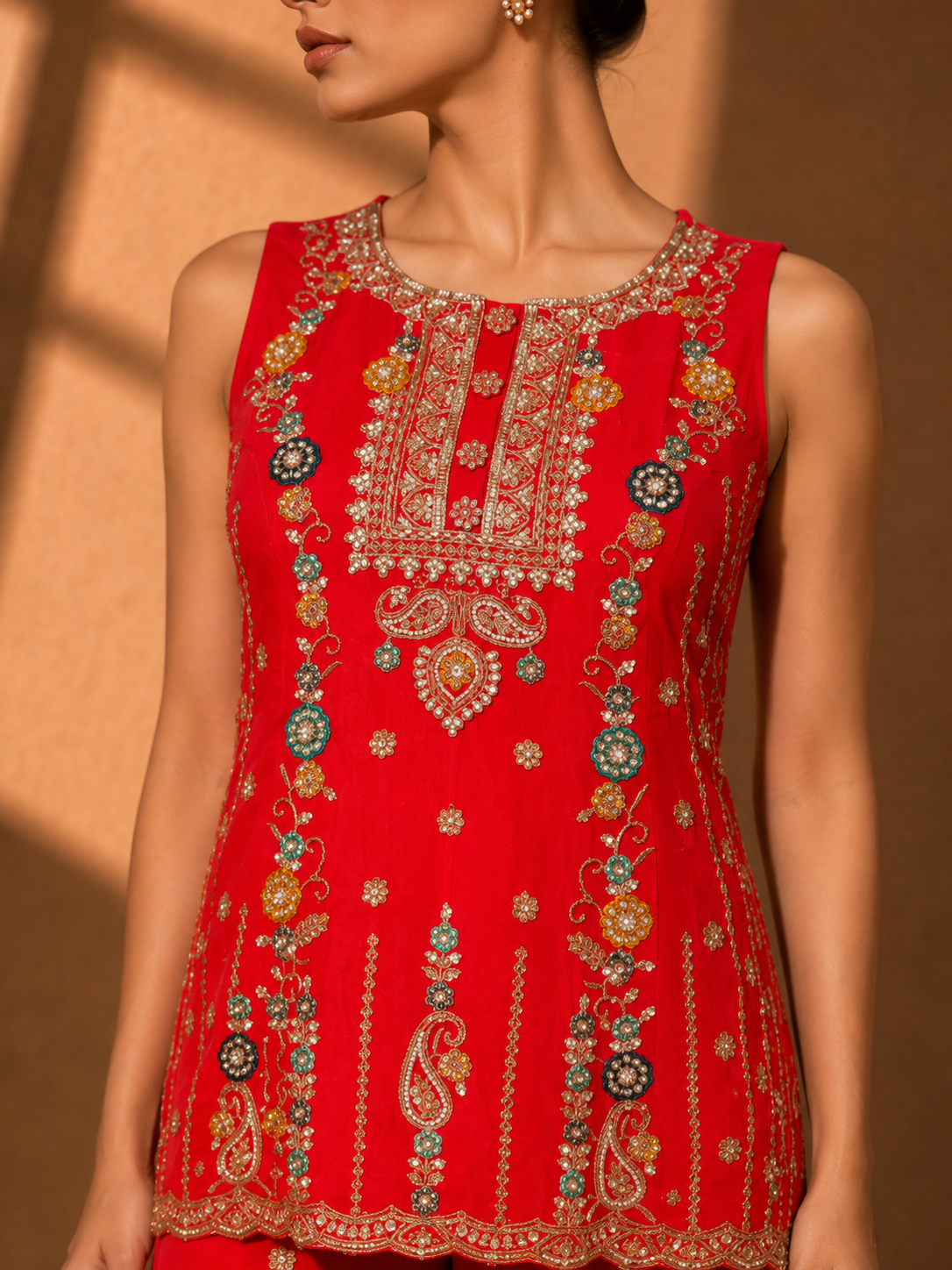 Women's Red Embroidered 3 Piece Kurta Pant Set with Organza Dupatta — Sarees — view 2 | Lehar Clothing UAE