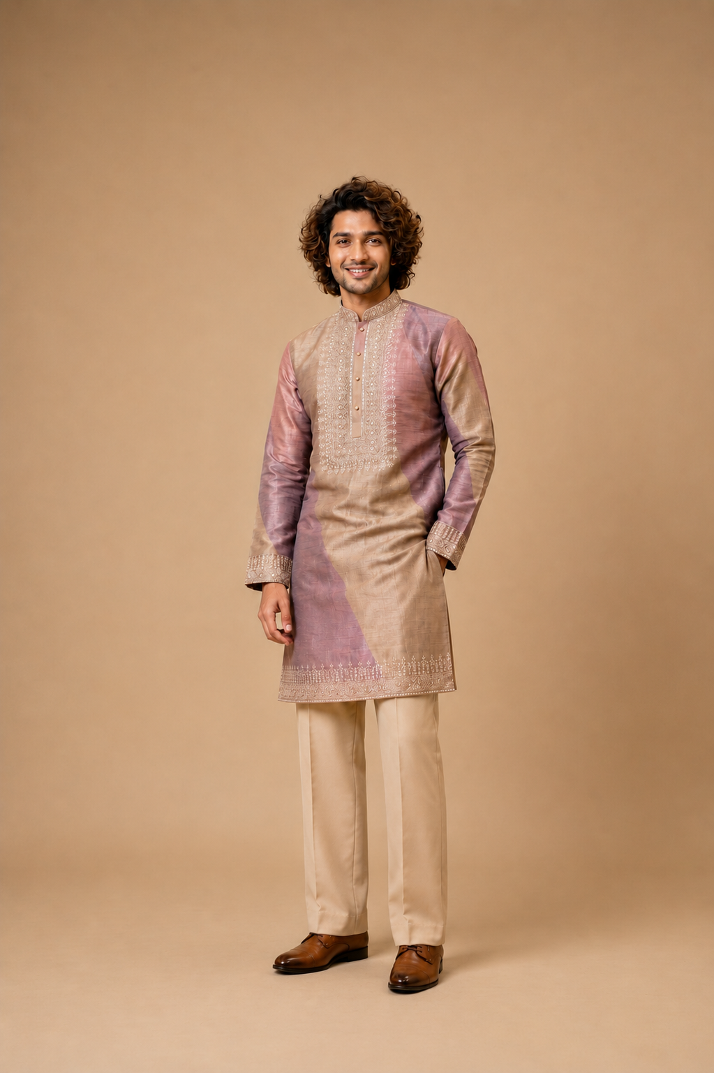 Lilac Beige Embroidered Silk Kurta Set with Straight Fit Trousers — Kurta Sets — view 2 | Lehar Clothing UAE