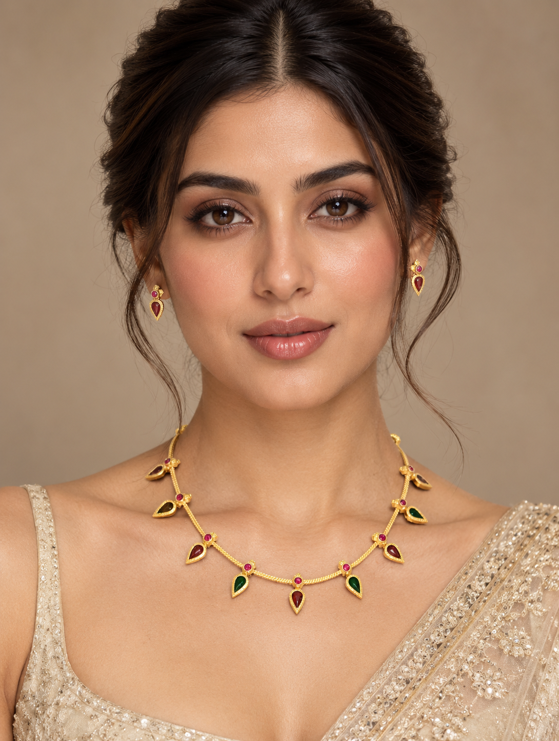 Red & Green Teardrop Charm Necklace Set - Gold Tone Indian Minimal Jewelry — Jewellery — view 2 | Lehar Clothing UAE