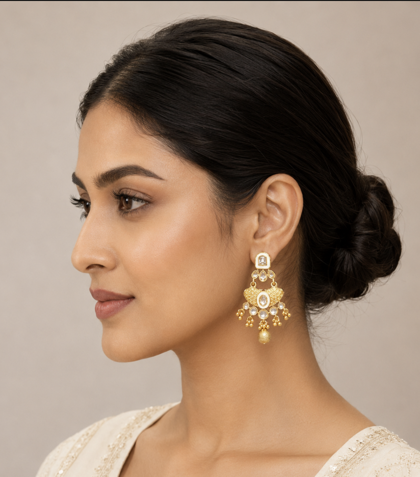 Imitation Gold-Tone Kundan Chandbali Earrings with Polki Stones & Beaded Drops — Jewellery — view 3 | Lehar Clothing UAE