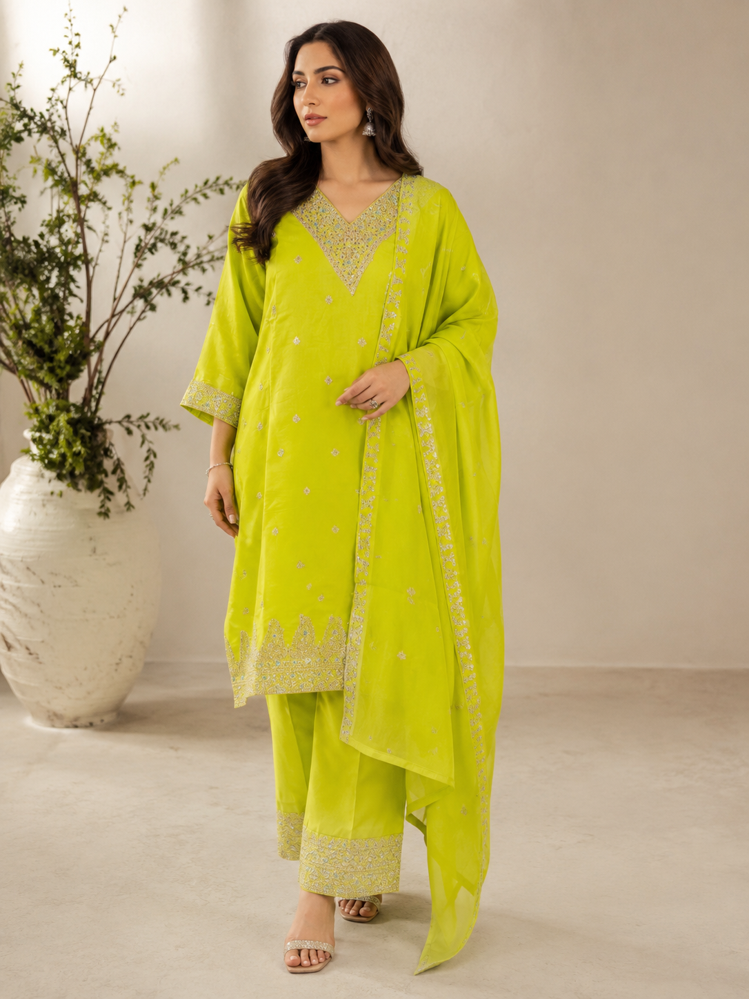 Lime Yellow Embroidered Kurta Set with Dupatta — Kurta Sets | Lehar Clothing UAE