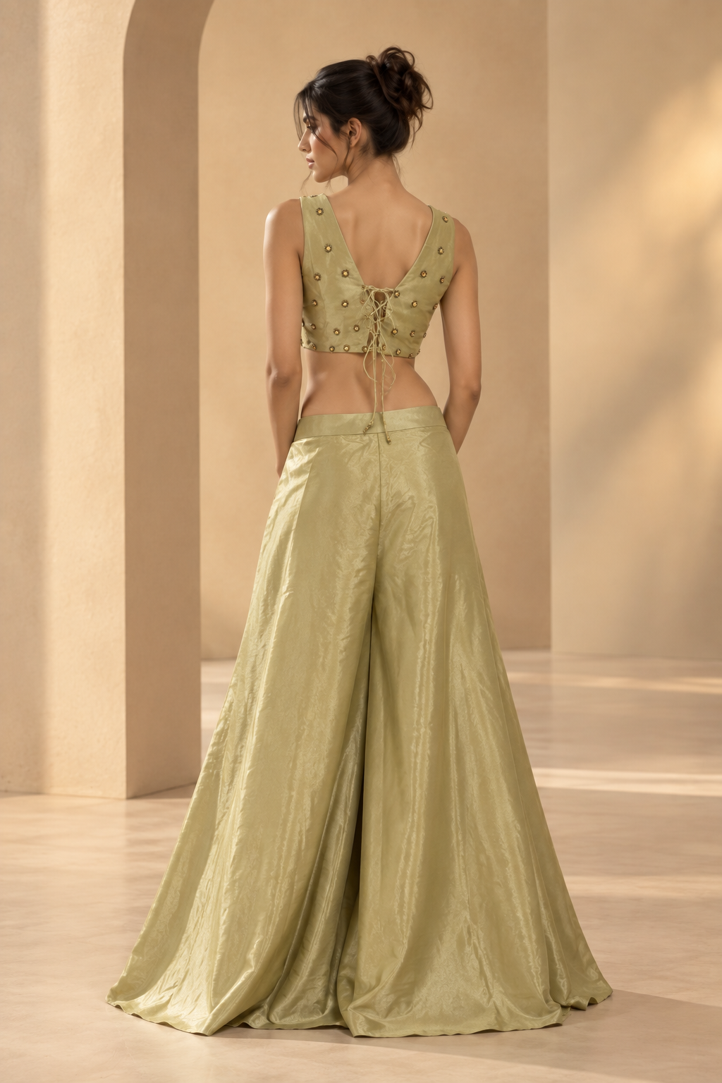 Multicolor Embellished Corset-Style Crop Top with Gold Wide-Leg Palazzo Pants — Palazzo Sets — view 2 | Lehar Clothing UAE