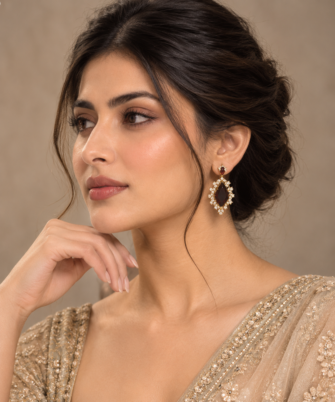 Indian Gold-Plated Stone Studded Statement Drop Earrings – Maroon Red Color Hexagon Stone with Sunburst Halo, Wedding & Party Jewelry for Women — Jewellery | Lehar Clothing UAE