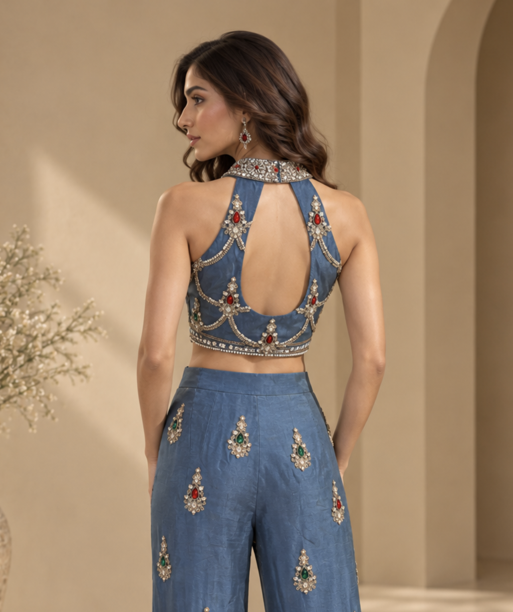Women’s Blue Embellished Halter Crop Top with Wide-Leg Palazzo Pants Co-Ord Set with Dupatta — Fusion wear — view 3 | Lehar Clothing UAE