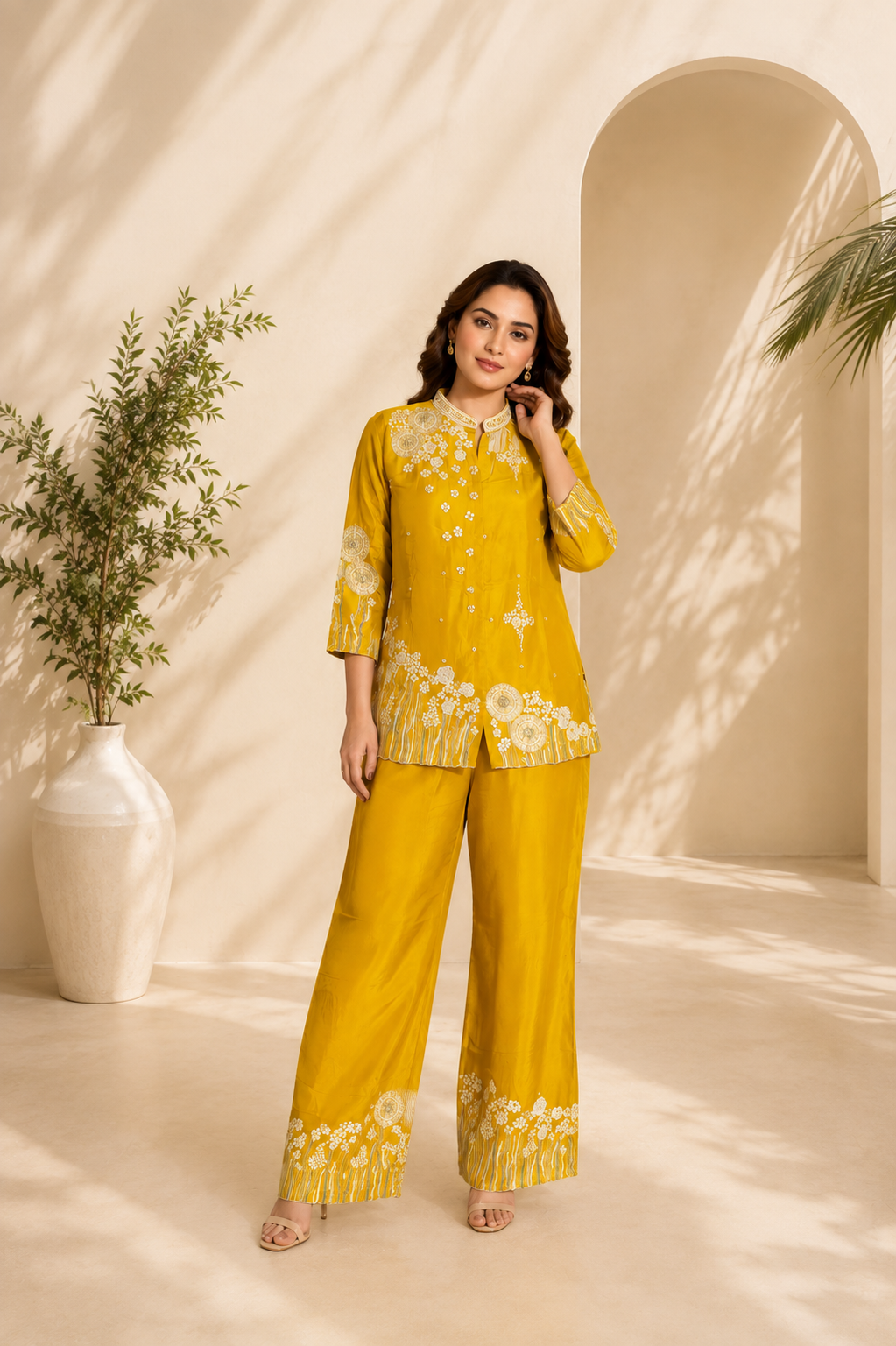 Women's Yellow Floral Embroidered Kurta & Palazzo Co-Ord Set — Co-ord Set — view 2 | Lehar Clothing UAE