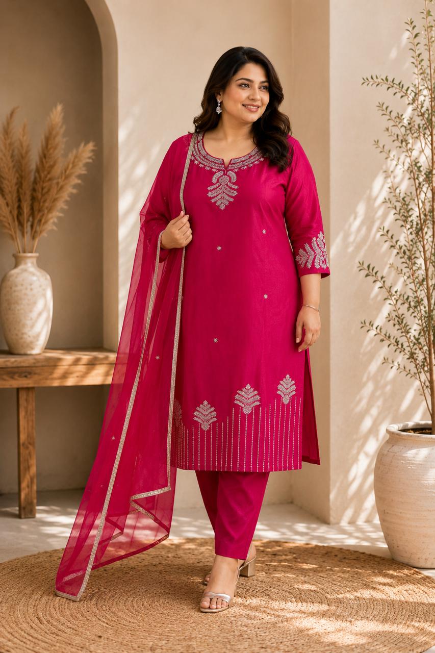 Fuchsia Pink 3-Piece Salwar Suit with Silver Motif Embroidery — Kurta Sets | Lehar Clothing UAE