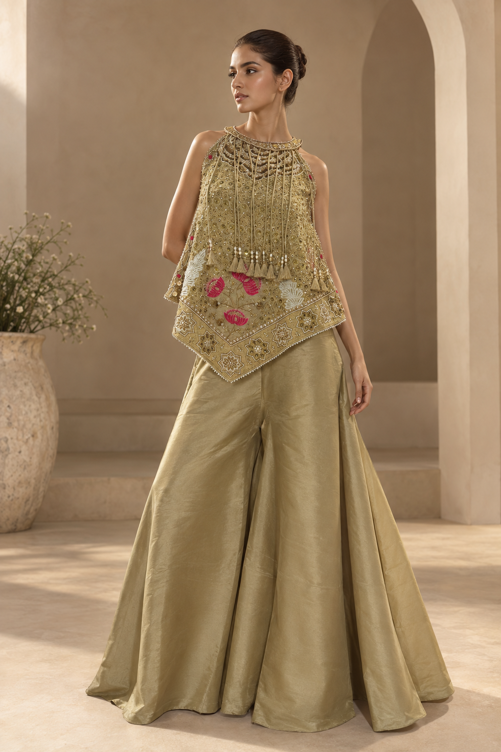 Gold Embroidered Asymmetrical Cape Top with Wide-Leg Palazzo Pants Indo-Western Set — Palazzo Sets | Lehar Clothing UAE