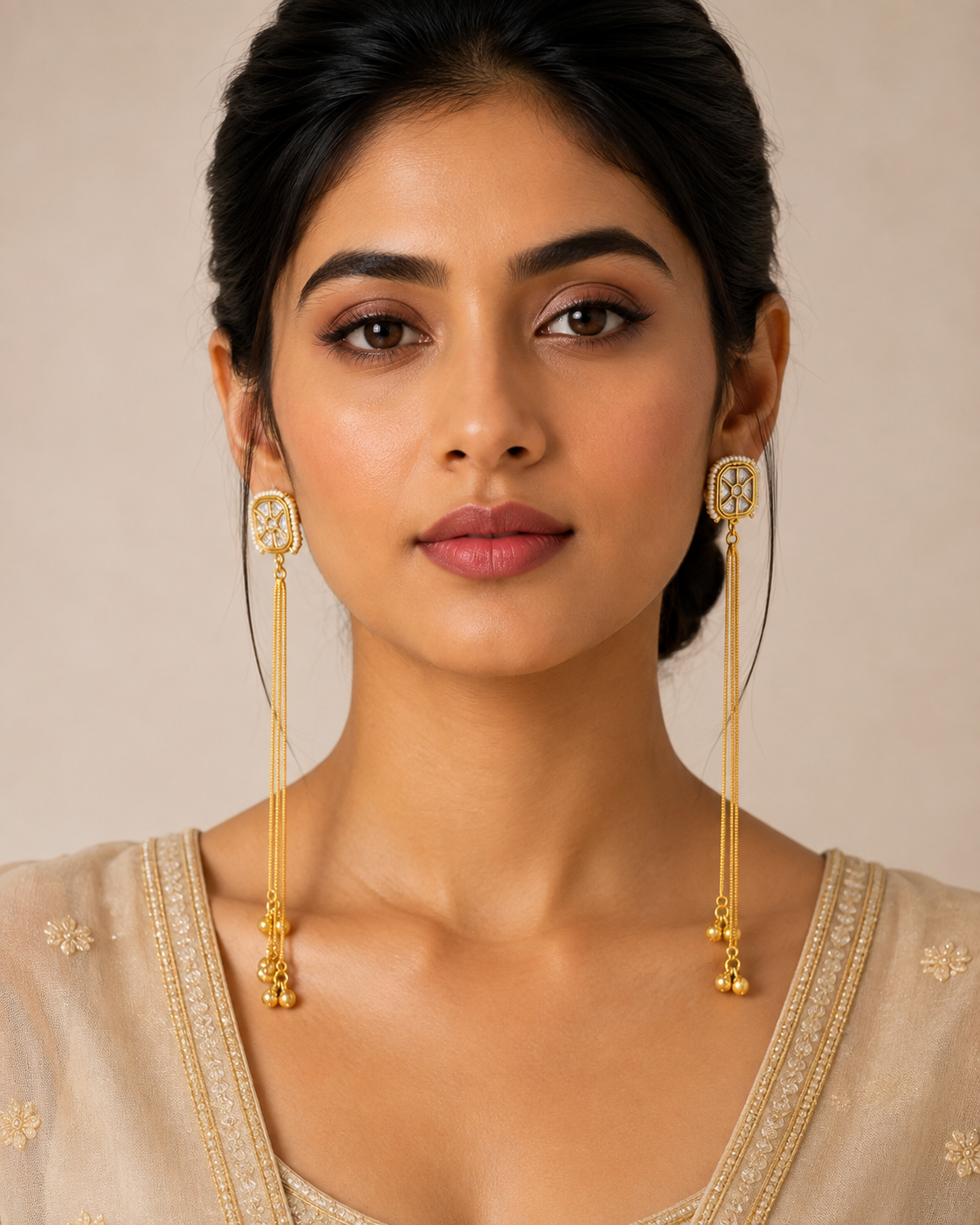 Imitation Gold-Tone Ivory Pearl Statement Long Tassel Kashir Dangler Earrings — Jewellery — view 2 | Lehar Clothing UAE