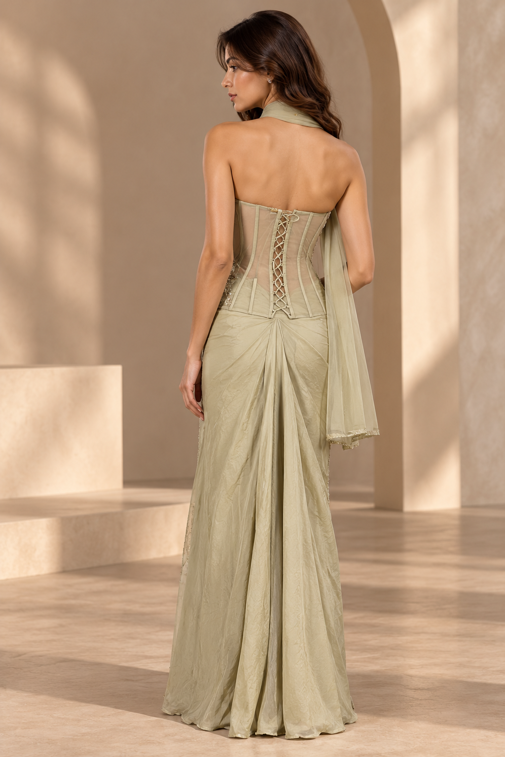Beige Embellished Strapless Blouse with Floral Sequin Detailing and Draped Skirt & Choker Dupatta — Fusion wear — view 2 | Lehar Clothing UAE
