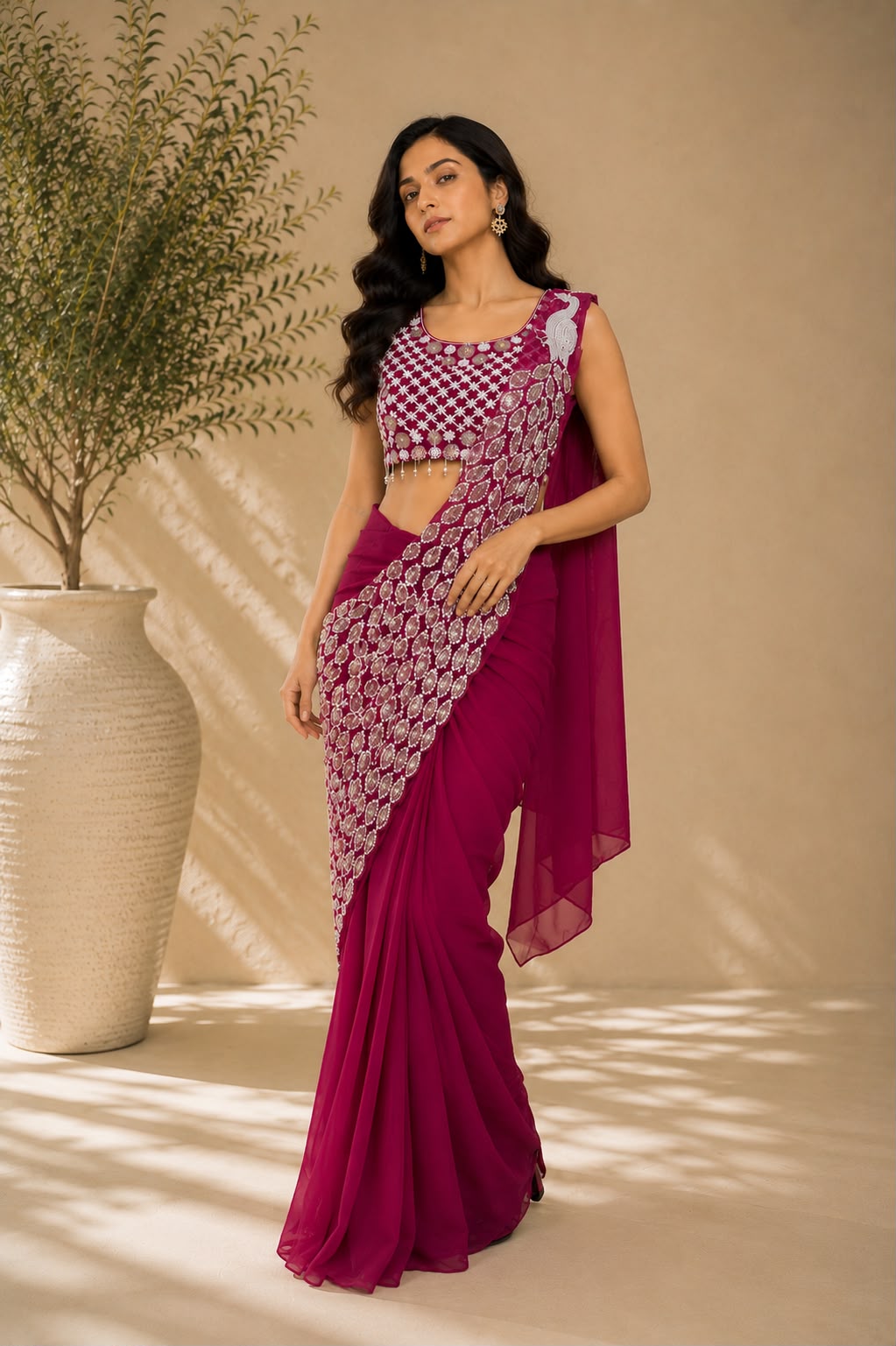 Fucisia Pink Ready-to-Drape Saree with Hand Embroidered Mirror Work Blouse — Sarees — view 3 | Lehar Clothing UAE