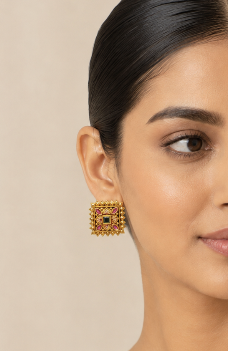 Women’s Gold-Tone Multicolor Kundan Square Stud Earrings — Jewellery — view 2 | Lehar Clothing UAE